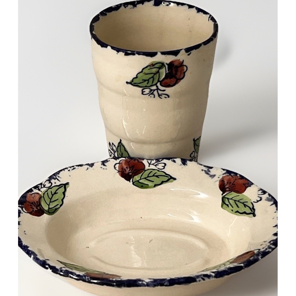 Moorland Staffordshire England Cottage Floral Soap Dish And Cup  Set Blue Rim